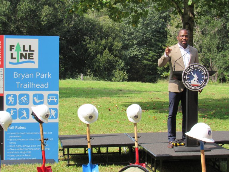 Levar Stoney speaks at the groundbreaking of the Fall Line in Bryan Park